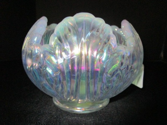 Fenton Art Glass White Iridescent Bowl Leaf/Feather Fan Motif