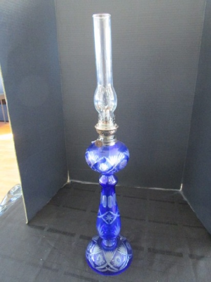Bohemian Blue Cut-Glass Spindle Design Lamp, Star/Cross Design Pattern w/ Glass Top Hurricane Shade