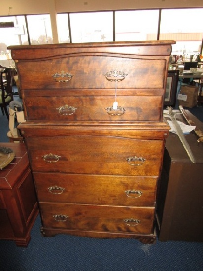 Vintage Wooden Chest 2-Over-3 Batwing Brass Pulls, Arched Drawer Design w/ Arched Skirt