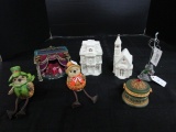 Misc. Shelf Décor Lot - Pair Fall Birds, AGC Porcelain House, Trinket Box, Etc.