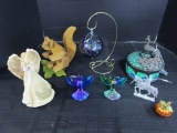 Misc. Shelf Décor Lot - Angel Votive Candle Holder, Wood Squirrel, Iridescent Birds