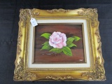 Wooden Rose Oil on Canvas Art in Ornate Gilted Patina Frame/Matt