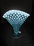 Fenton Blue Opalescent Hobnail Footed Fan Vase, Crimped Rim