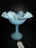 Fenton Blue Milk Glass Footed Bowl Floral/Crimped Frim Ornate Pattern