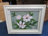 Oil on Canvas Print Pink Flowers in Wood White Frame/Matt