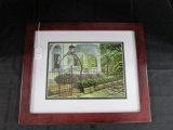 Garden Scene Print Artist Signed in Cherry Wood Veneer Frame/Matt