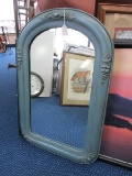 Wall Hanging Mirror in Turquoise Wood Frame Grape/Fruit Motif Carving, Arched Top