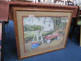 Vintage Apple Orchard Scene Artist Signed in Bead Trim Wood Frame/Matt