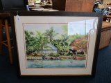 Tropical Watercolor Scene Print Artist Signed in Dark Wood/Gilted Frame/Matt