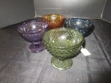 4 Diamond Cut, Pineapple Stem Footed Bowls, Yellow, Blue, Green, Purple Glass