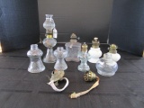 Lot - 8 Miniature Oil Lamps/Glass, 1 Grecian Style, 2 Milk Glass, Etc.