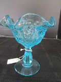 Blue Scallop-Cut, Flared Rim Art Glass Raised Bowl