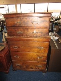 Vintage Wooden Chest 2-Over-3 Batwing Brass Pulls, Arched Drawer Design w/ Arched Skirt