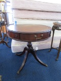 Wooden Round Top Side Table 1 Drawer w/ Brass Pull Round/Scallop Medallions