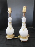 Milk Glass Pair - Lamps Bead/Floral Pattern, Gilted Trim, Brass Ball Feet