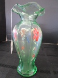 Green Glass Vase w/ Hand Painted Floral Pattern Wave Rim