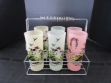 6 Glass Tumbler Cups w/ Women in Garden Transfer Scene in Metal Carrier Basket