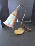 Bass Body Desk Lamp Carved Nymph Trinket Base Leaf Design w/ Carnival Glass Lamp Shade