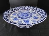 Large Raised Centerpiece Bowl Blue/White Pattern Ceramic Vine Motif Lattice/Flower Pattern