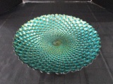 Peacock Feather Pattern Green/Gold Glass Bowl Saw-Tooth Rim Sun-Ray Center