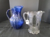 Lot - Ornate Oval/Scallop Patterns Glass Jug, Blue Glass Jug, Various Heights