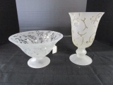 Lot - Glass Bowl w/ Leaf Pattern Motif, Glass Chalice w/ Curled Vine Motif