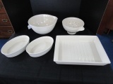 Biltmore Ceramics Lot - Cream, Ribbed Sides Mixing Bowl, Colander, 2 Oval Casseroles