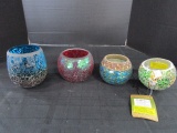 3 Crackle Glass/Round Votive Candle Holders Red/Green/Blue