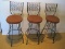 3 Mid-Century Modern Black Wrought Iron Swivel Bar Stools w/ Intricate Design