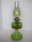 Green Pedestal Pressed Glass Oil Lamp w/ Spiral Optic Design Iridescent Chimney