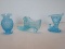 Lot - Fenton Blue Opalescent Hobnail Pattern Cat in Slipper, Cornucopia & Bud Vase