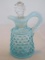 Fenton Blue Opalescent Hobnail Pattern Oil Cruet & Clear Stopper Circa 1939-1955