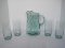 Green Pressed Glass Swirl Pattern Pitcher w/ Ice Lip & 4 Tumblers