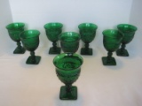 Set - 8 Emerald Green Pressed Glass Goblets Flowers/Swag Pattern