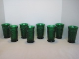 Set - 8 Emerald Green Pressed Glass Tumblers Flowers/Swag Pattern