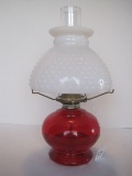 P&A Radison Mfg. Co. Ruby Flash Pressed Glass Oil Lamp w/ Hobnail Pattern Milk Glass Shade