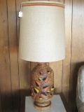 Groovy Plaster Table Lamp w/ Relief Colorful Foliage Design Brown Textured Background
