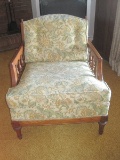 Transitional Style Arm Chair Upholstered Back/Seat Wood Trim & Spindle Accent Arms