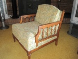 Transitional Style Arm Chair Upholstered Back/Seat Wood Trim & Spindle Accent Arms