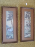 Pair - Equestrian Horses in Scenic Landscape Prints in Antiqued Gilted Patina Bamboo Design