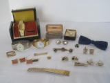 Lot - Men's Cuff Links, Bow Tie, Swank Tie Clip, Bulova Accutron Quartz/Timex Indiglo