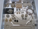 Lot - Rhinestones, Cubic Zirconia, Faux Pearls Necklace w/ Pendant, Clip-On Earrings