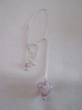 FAS 925 Link Chain Necklace w/ Pink Art Glass Iridescent Heart Pendant