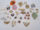 Lot - Misc. Brooches Lady Bugs, Butterfly, Enamel Flower, Foliate, Faux Pearl Locket