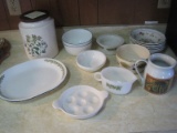 Lot - Hyaln Ceramic Canister, Milk Pitcher, Egg Server, Corelle, Hankook Bowls, Etc.