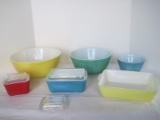 Lot - 3 Pyrex Milk Glass Primary Color Nesting Bowls & 3 Refrigerator Dishes