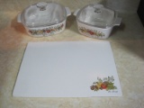 5 Pieces - Corningware Spice of Life Pattern Cutting Board, 2qt Covered Casserole