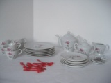 Lot - Child's Porcelain Tea set w/ Pink Rose Bud Stems Design, Plastic Forks & Spoons