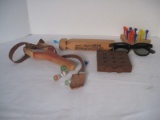 Lot - Wooden Train Whistle, Sling Shot, 4 Marbles, Color Peg Game & 3D Glasses