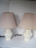 Pair - Ceramic Ginger Jar Design Ivory Finish Table Lamps w/ Pleated Shades